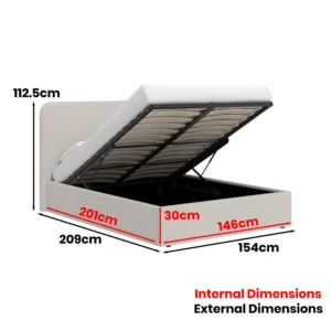 beige fabric double ottoman storage bedframe